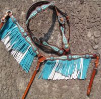 Turquoise -White Fringed Leather on Medium Oil Headstall, Reins and Breastcollar Set